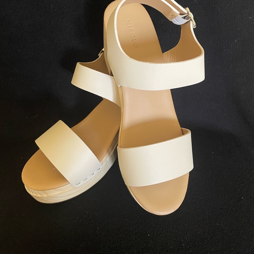 NISOLO All-Day Open Toe Clog Sandals Women’s 8 Beige Straps Leather NEW